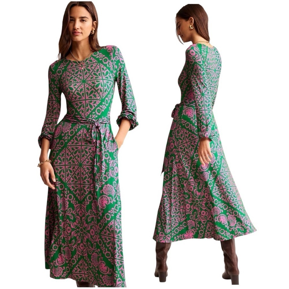 BODEN Women's Placement Print Jersey Dress Green Mosaic Terrace Size 10